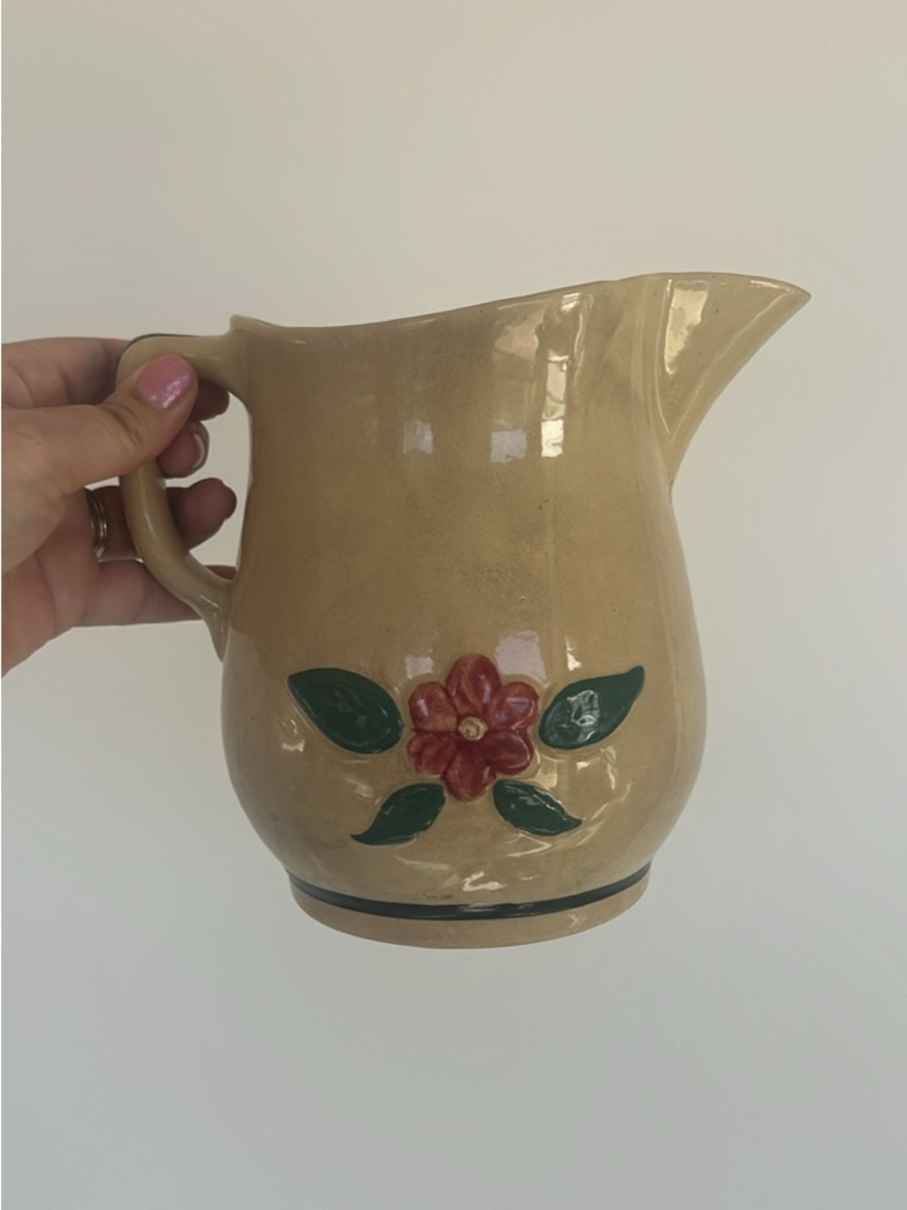 Hand-Painted Tan Floral Ceramic Pitcher